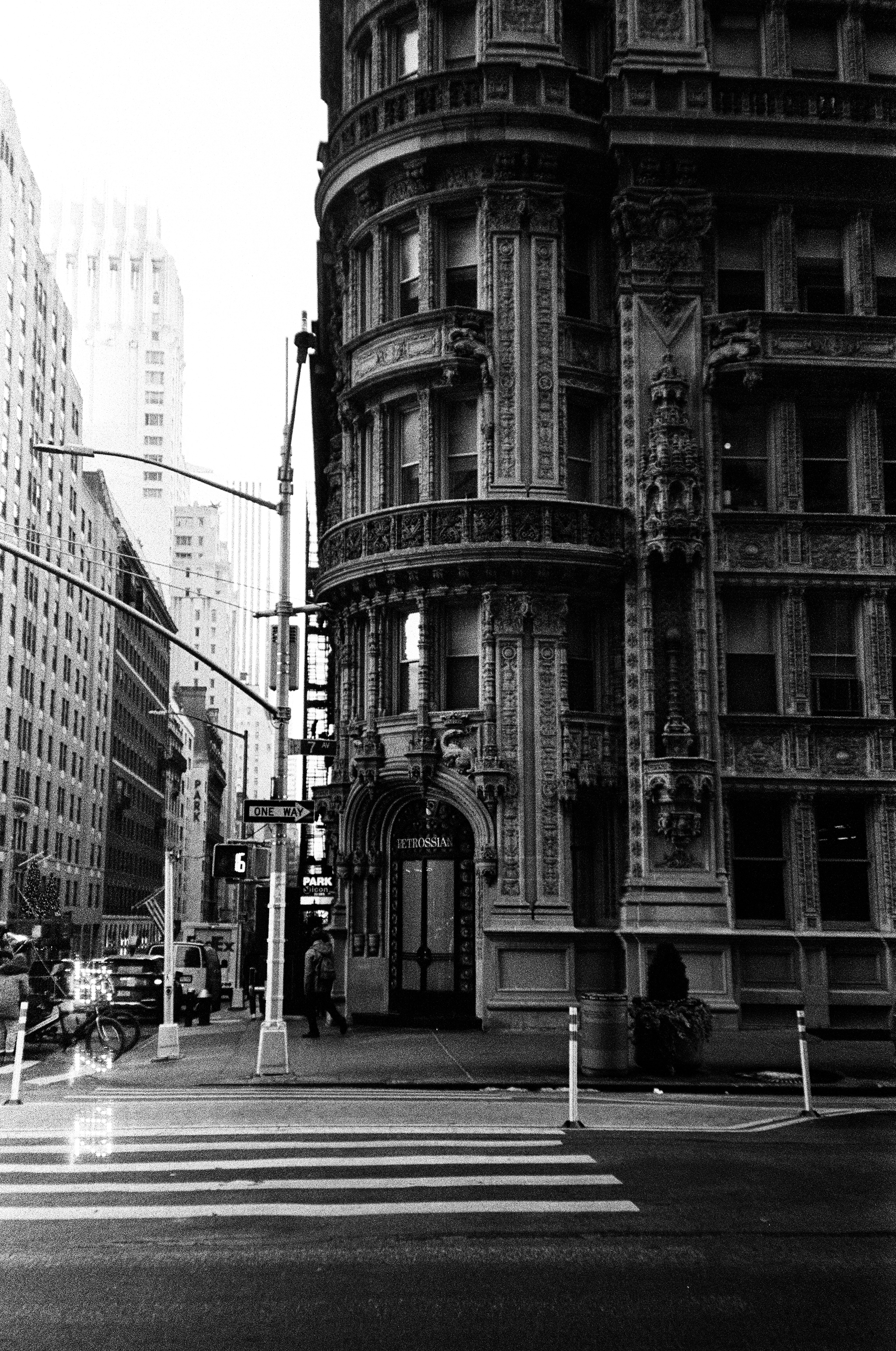 Black and white city scene on film